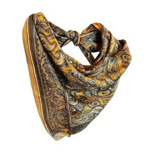 Gold Black Paisley Silk Scarf Western Wild Rage Boho Chic Square Lightweight Ret